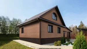 Дом отделаный Сайдингом Блок-хаус Grand Line Color Plus темно-бежевый